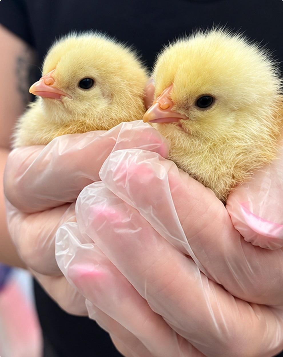 Two Hatchables chicks being gently held